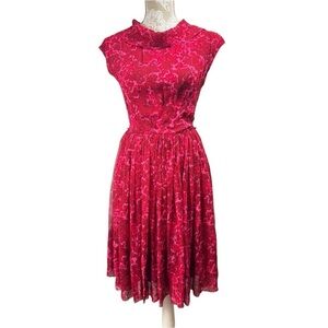 Vintage 1950s 50s Red Pink Silk Chiffon Cocktail Party Dress Size XS/S Stunning